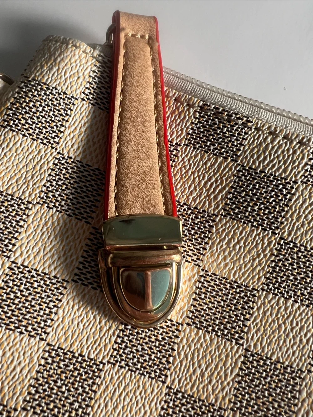 Cream Neutral Checkered Wristlet Pouch